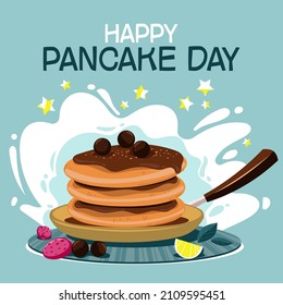 Happy Pancake Day or Shrove Day Concept with Pancake Fruit and Fry Pan Background