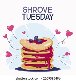 Happy Pancake Day or Shrove Day Concept with Pancake Fruit and Fry Pan Background