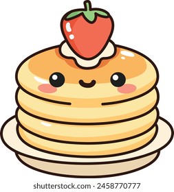 Happy pancake stack with strawberries and cream on top, in a kawaii style 