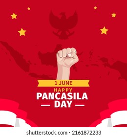 Happy Pancasila Day 1 June with Fist Hand, Flags, Garuda, Map of Indonesia Vector Illustration. Selamat Hari Lahir Pancasila 1 Juni svg