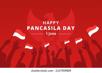Happy Pancasila Day Background with Indonesian Flags and Garuda Bird Symbol. Hari Lahir Pancasila 1 June Flat Style Vector Illustration svg