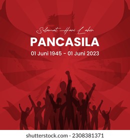 Happy Pancasila Day Illustration. Translation: June 01, 1945-June 01, 2023 Happy Pancasila day. Suitable for greeting card, poster and banner. svg