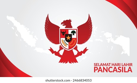 Happy Pancasila Day, selamat hari pancasila Background with Indonesian Flags and Garuda Bird Symbol.