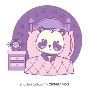 Happy Panda Bear In Bed Near White Noise Machine On Nightstand With Music Notes. Cute Cartoon Kawaii Animal Sleeping. Vector Illustration. Insomnia Therapy and Sound Relaxation