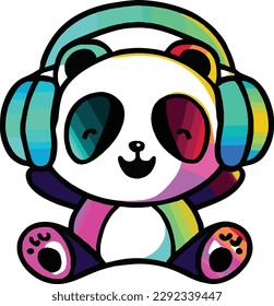 Happy Panda Bear with headphones listening to music. Kawaii style.