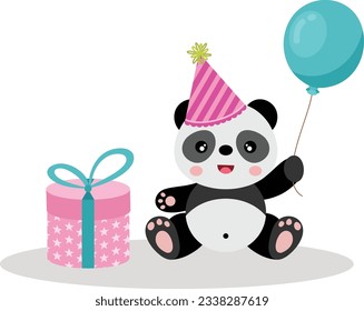 Happy panda with a birthday gift and a blue balloon