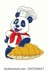 Happy Panda Chef on Croissant Mascot