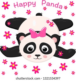 happy panda in flowers - vector, illustration, eps
