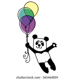 Happy panda flying on colored balloons