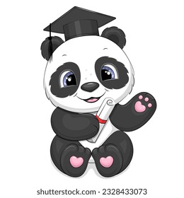 Feliz panda con una gorra de graduación. Dibujo vectorial de dibujos animados de un animal sobre fondo blanco.