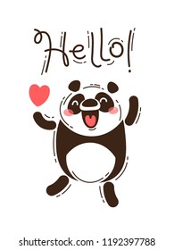 A happy panda greets you Hello. Vector illustration in cartoon style.