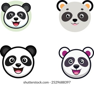 A "Happy Panda Head Smile Face Vector Illustration" features a cheerful panda with a wide, friendly smile. The minimalist design captures the panda's expressive face, emphasizing its round head