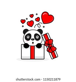 Happy panda inside the open gift box with fly hearts. Vector illustration
