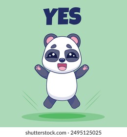 Happy panda jumped up and shouted yes.Isolated vector illustration in kawaii style