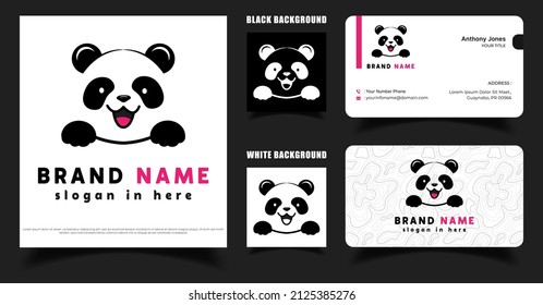 Happy Panda Logo, Cute Panda Vector, Panda Cafe Logo, Business Card Vector Template