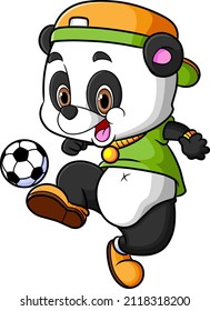 El feliz panda está jugando al fútbol en el día de la ilustración