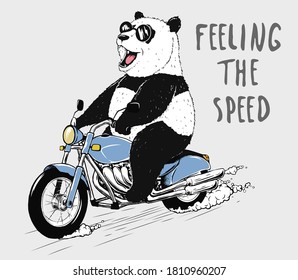 Happy panda rides on motorcycle.Bear biker.Vector illustration