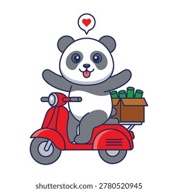 A happy panda rides a red scooter with a box of green bottles, conveying joy and delivery
