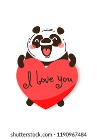 A happy panda with a valentine and message I love you. Vector illustration in cartoon style.