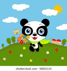 Happy panda walking with a bouquet of flowers