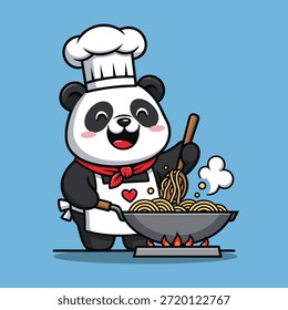 Um panda feliz vestindo um chapéu de chef e avental cozinha macarrão em um tacho sobre um fogão.