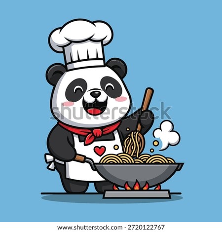 A happy panda wearing a chef hat and apron cooks noodles in a wok over a stove.