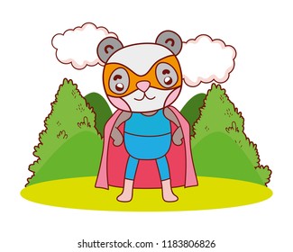 happy panda wearing superhero costume in the landscape