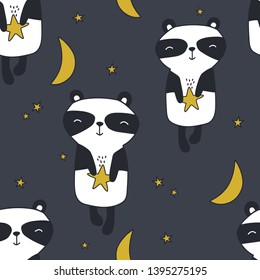 Happy pandas, hand drawn backdrop. Colorful seamless pattern with animals, moon, stars. Decorative cute wallpaper, good for printing. Overlapping colored background vector. Design illustration