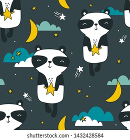 Happy pandas, hand drawn backdrop. Colorful seamless pattern with animals, moon, stars. Decorative cute wallpaper, good for printing. Overlapping colored background vector. Design illustration