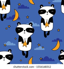 Happy pandas, hand drawn backdrop. Colorful seamless pattern with animals, moon, stars. Decorative cute wallpaper, good for printing. Overlapping colored background vector. Design illustration