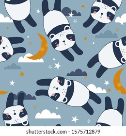 Happy pandas, hand drawn backdrop. Colorful seamless pattern with animals, moon, stars. Decorative cute wallpaper, good for printing. Overlapping colored background vector. Design illustration. Zzzz