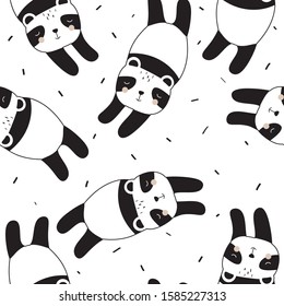 Happy pandas, hand drawn backdrop. Seamless pattern with animals. Decorative cute wallpaper, good for printing. Overlapping background vector. Design illustration