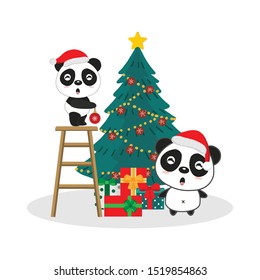 Happy pandas in Santa hats. Merry Christmas and Happy New Year card.