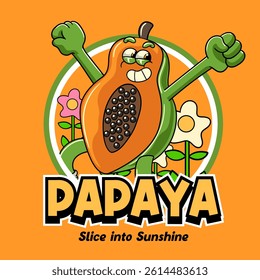 Happy Papaya Tropical Summer Vibes Cartoon Character in Retro Vintage Style