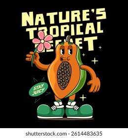 Happy Papaya Tropical Summer Vibes Cartoon Character in Retro Vintage Style