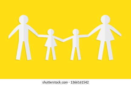 Happy paper family isolated on a yellow background