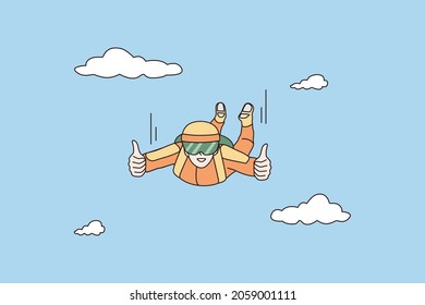 Happy parachutist flying in skies enjoy active sport lifestyle. Smiling parachute skydiver jump from air. Skydiving, extreme entertainment concept. Cartoon character, flat vector illustration. 