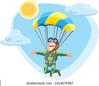 Happy parachutist in green suit flying on parachute. Vector. Blue sky and beautiful clouds. Bright sun.