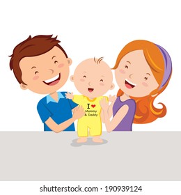 Happy parent and baby. Vector illustration of a father and mother with their infant baby standing up.