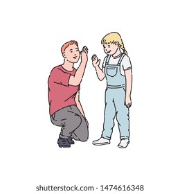 Happy parent and child giving each other high five. Two cartoon character people together smiling and doing a greeting gesture, father and daughter friendship, isolated hand drawn vector illustration