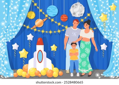 Happy parent and child posing over cosmic photo zone