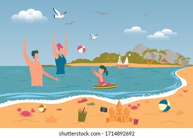 Happy Parent and Daughter Playing Ball in River. Father, Mother, Kid Swimming in Water. Family and Summer Vacation. Travel and Tropical Resort. Outdoor Fun and Summertime. Vector Illustration