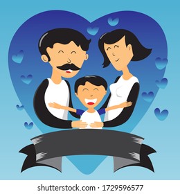 Happy parent day with little boy vector illustration. Mom and dad smile hug their son. loving family. cute cartoon character