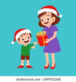 happy parent give present to kid christmas