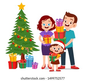 happy parent give present to kid christmas