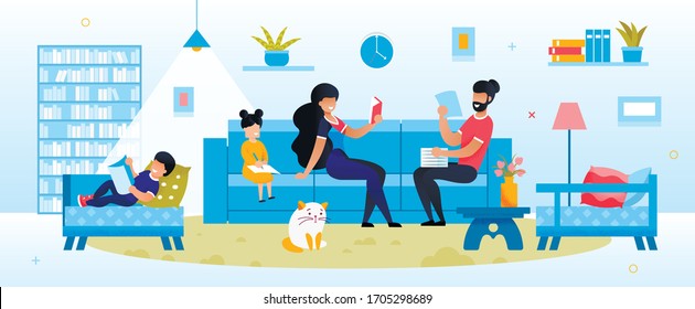 Happy Parent and Kid Engaged in Evening Activity at Home. Mother Father Reading, Daughter Son Doing Homework. Mom and Dad with Kid Rest in Living Room. Education and Development Vector Illustration