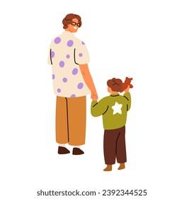 Happy parent and kid. Father and boy son communication, relationships. Smiling dad holding childs hand, standing, view from behind, back. Flat vector illustration isolated on white background