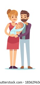 Happy parent with newborn. Mom and dad stand with kid, husband and wife hugging baby, young smiling family parenthood and pregnancy concept vector cartoon flat characters isolated on white background