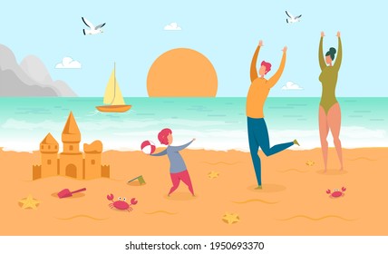 Happy Parent Play Ball with Child on Sand Beach. Sandcastle, Sea Star, Crab, Sailboat Seagull, Ocean and People. Sunset at Seaside. Family Vacation and Summertime Fun. Vector Illustration