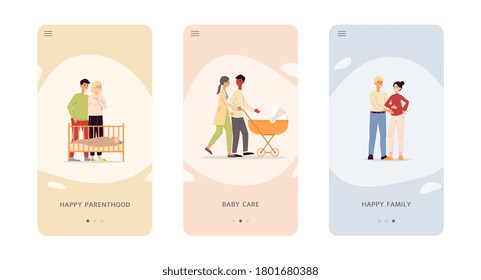 Happy parenthood and baby care onboarding pages set of vector illustrations in flat style isolated on white background. Design for mobile applications.